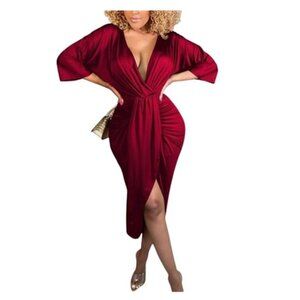 NEW- Rooscier Wine Red Deep V Neck Wrap Slit Bodycon Midi Dress- Women's XXL